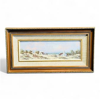 ORNATELY CARVED FRAMED PAINTING OF FISHERMEN'S HOUSES ON THE SHORE SIGNED BY T WOOD HUNDELL - T. Wood Hundell