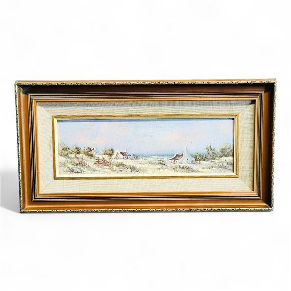 ORNATELY CARVED FRAMED PAINTING OF FISHERMEN'S HOUSES ON THE SHORE SIGNED BY T WOOD HUNDELL - T. Wood Hundell