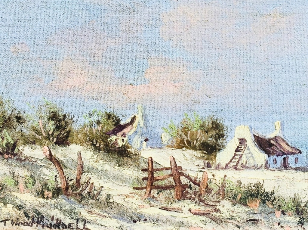 Artwork by T. Wood Hundell, ORNATELY CARVED FRAMED PAINTING OF FISHERMEN'S HOUSES ON THE SHORE SIGNED BY T WOOD HUNDELL, Made of PAINTING