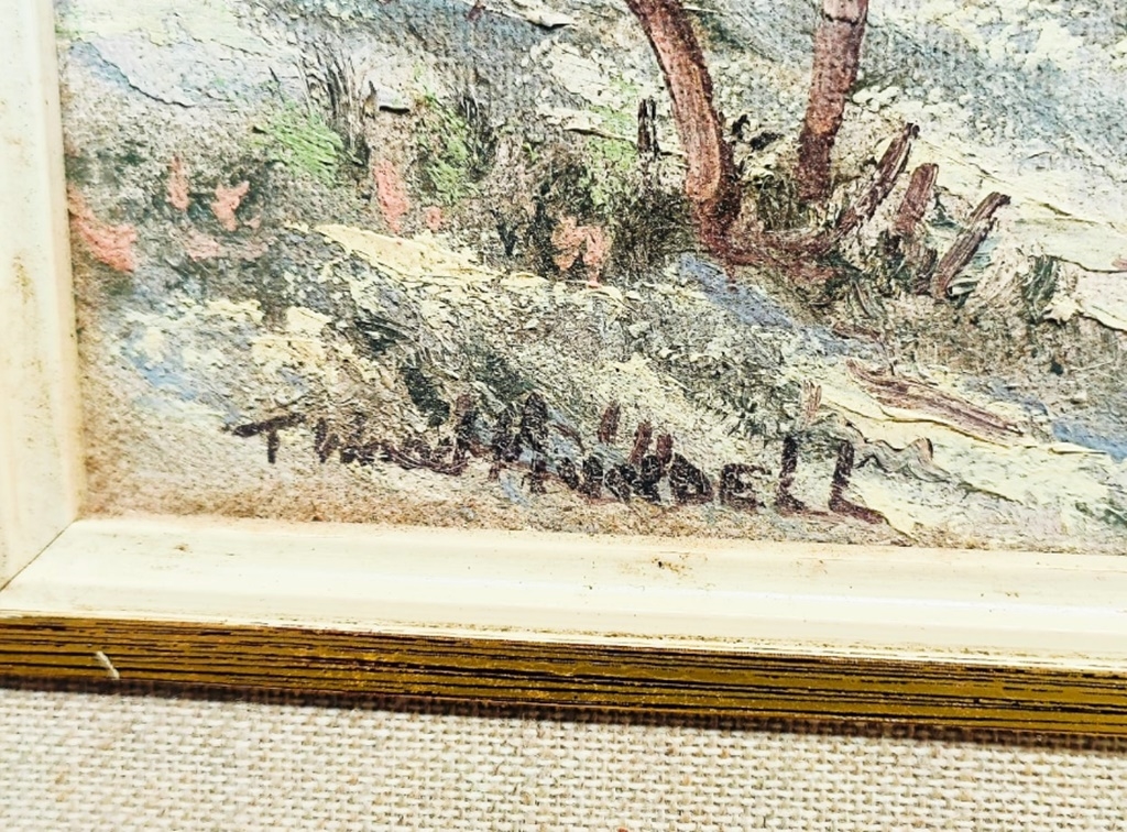 Artwork by T. Wood Hundell, ORNATELY CARVED FRAMED PAINTING OF FISHERMEN'S HOUSES ON THE SHORE SIGNED BY T WOOD HUNDELL, Made of PAINTING