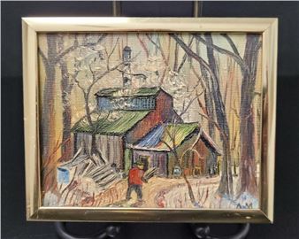 A. Menard, Naive Folk Art Winter Landscape, Oil - A. Menard