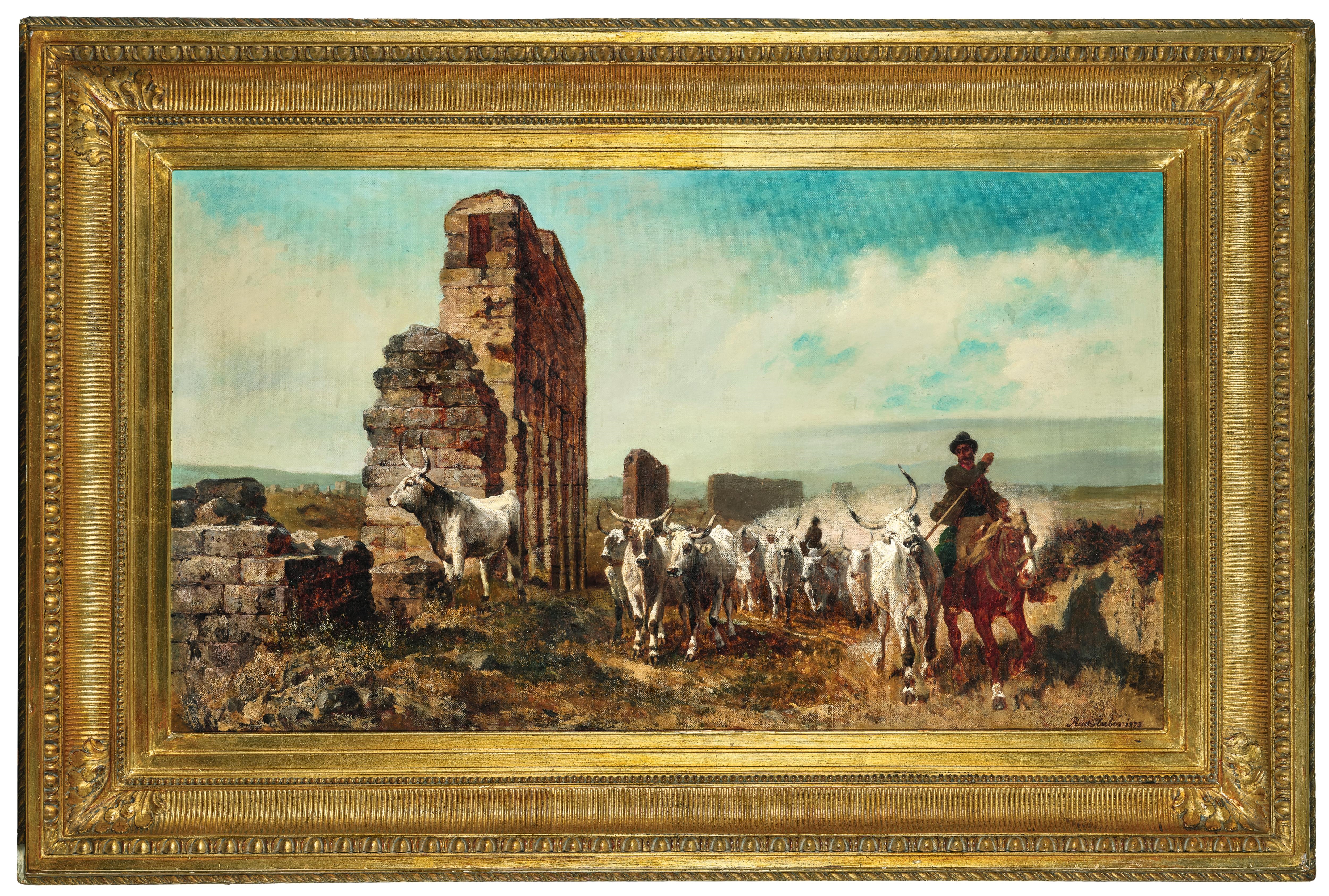 Artwork by Carl Rudolf Huber, Cattle in the Roman Campagna, Made of oil on canvas
