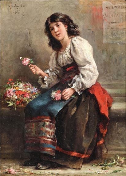 A young woman in traditional dress sits holding flowers, surrounded by a vibrant bouquet.