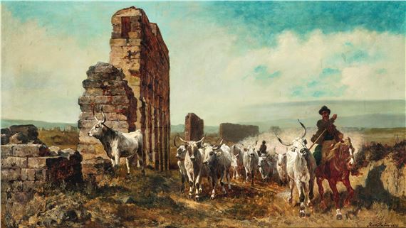 Cattle in the Roman Campagna by Carl Rudolf Huber, 1872, subsequently inscribed by another hand, dated Rud. Huber 1873