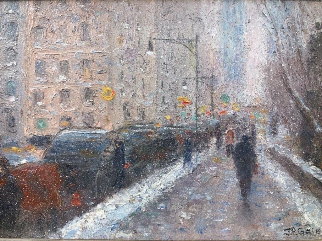 Artwork by Joseph Grieco, Joseph P. Grieco, "Central Park South Winter," O/B, Made of Oil on board