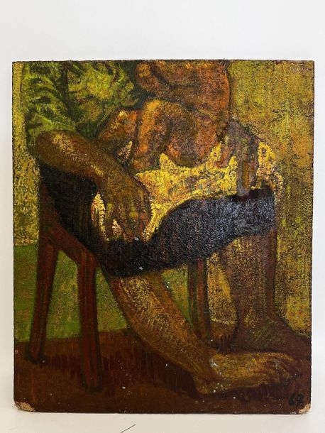 Artwork by Willy Gasquis, study of mother and child. Dimensions : 40 x 34 cm., Made of Oil on double-sided panel