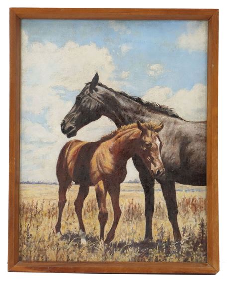 Georgia Zane Bull (1871-1946) American, Signed Oil on Canvas Painting of a Horse and Foal in a Field by Georgia Bull, Feb. 22