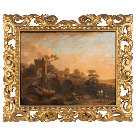 Paesaggio ideale con il ponte Lucano e figure by Roman School, 19th Century, PITTORE ATTIVO A ROMA NEL XVIII-XIX SECOLO