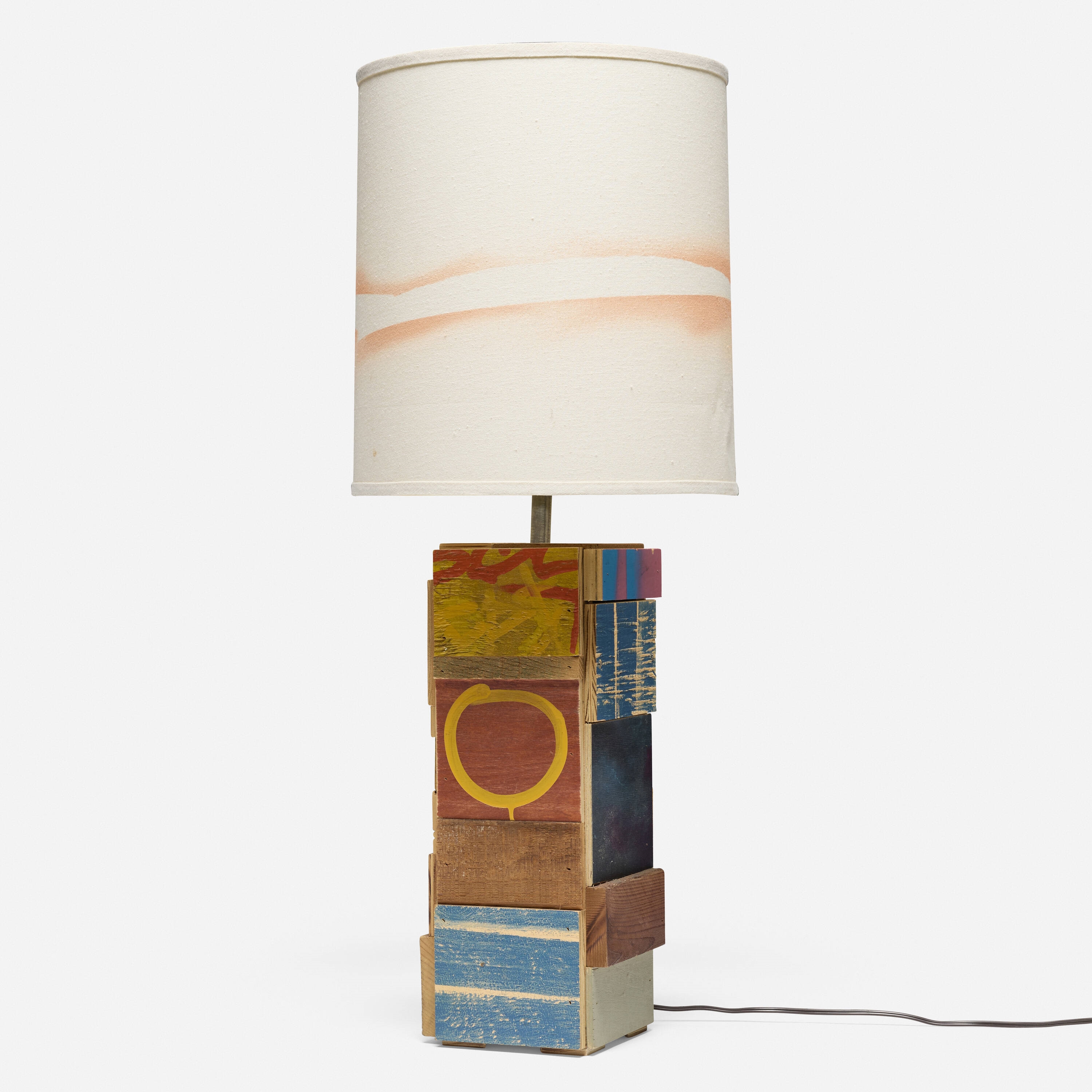 Artwork by Jason Meadows, Horizontal Striation Scrap Lamp, Made of painted wood, spray paint on linen shade