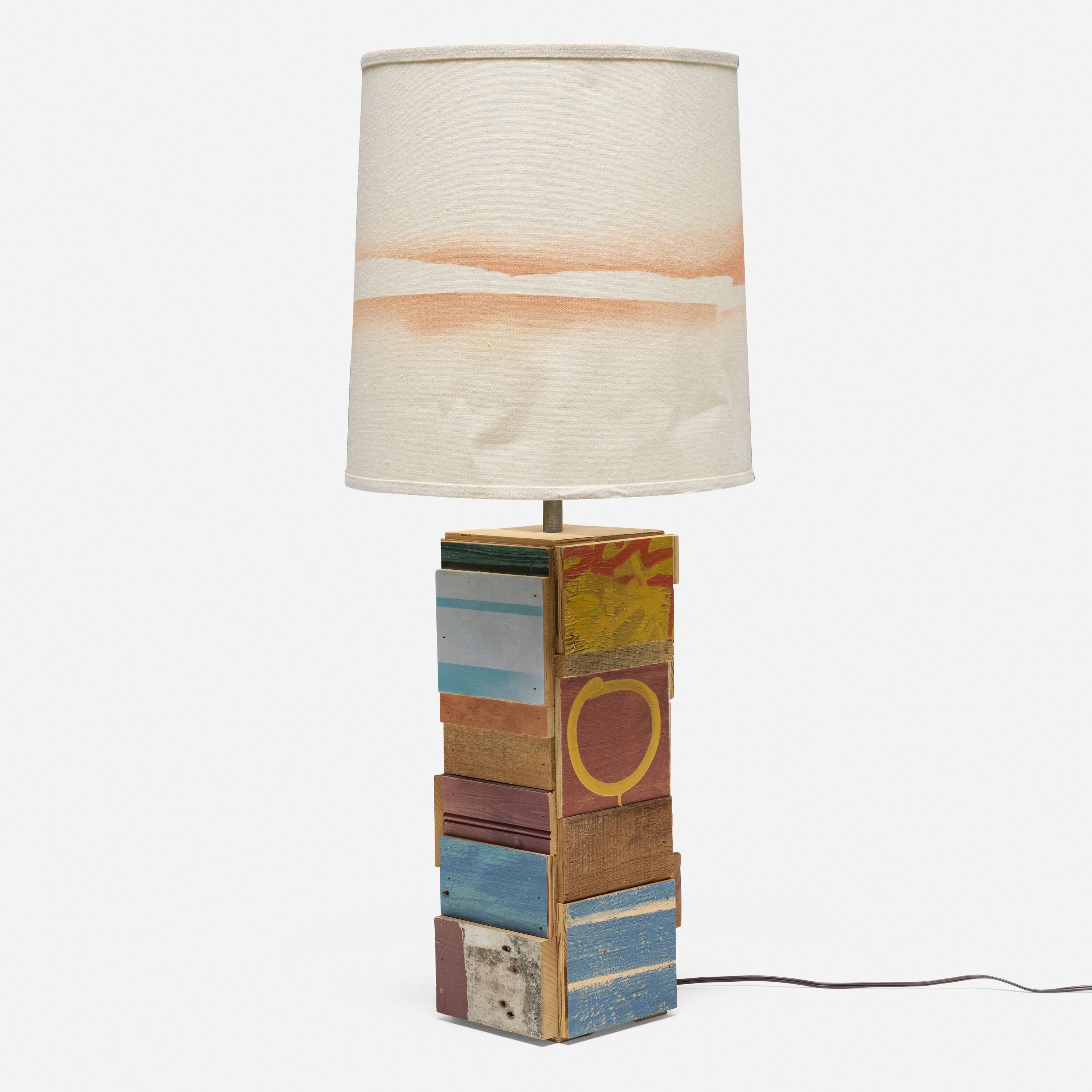 Artwork by Jason Meadows, Horizontal Striation Scrap Lamp, Made of painted wood, spray paint on linen shade