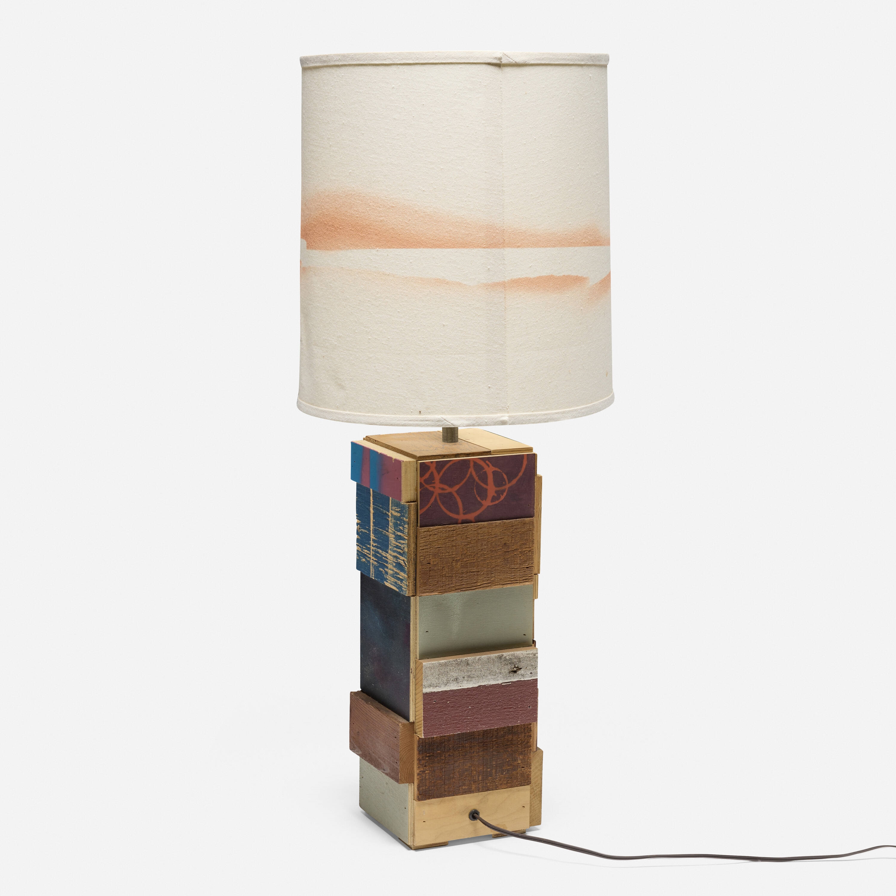 Artwork by Jason Meadows, Horizontal Striation Scrap Lamp, Made of painted wood, spray paint on linen shade
