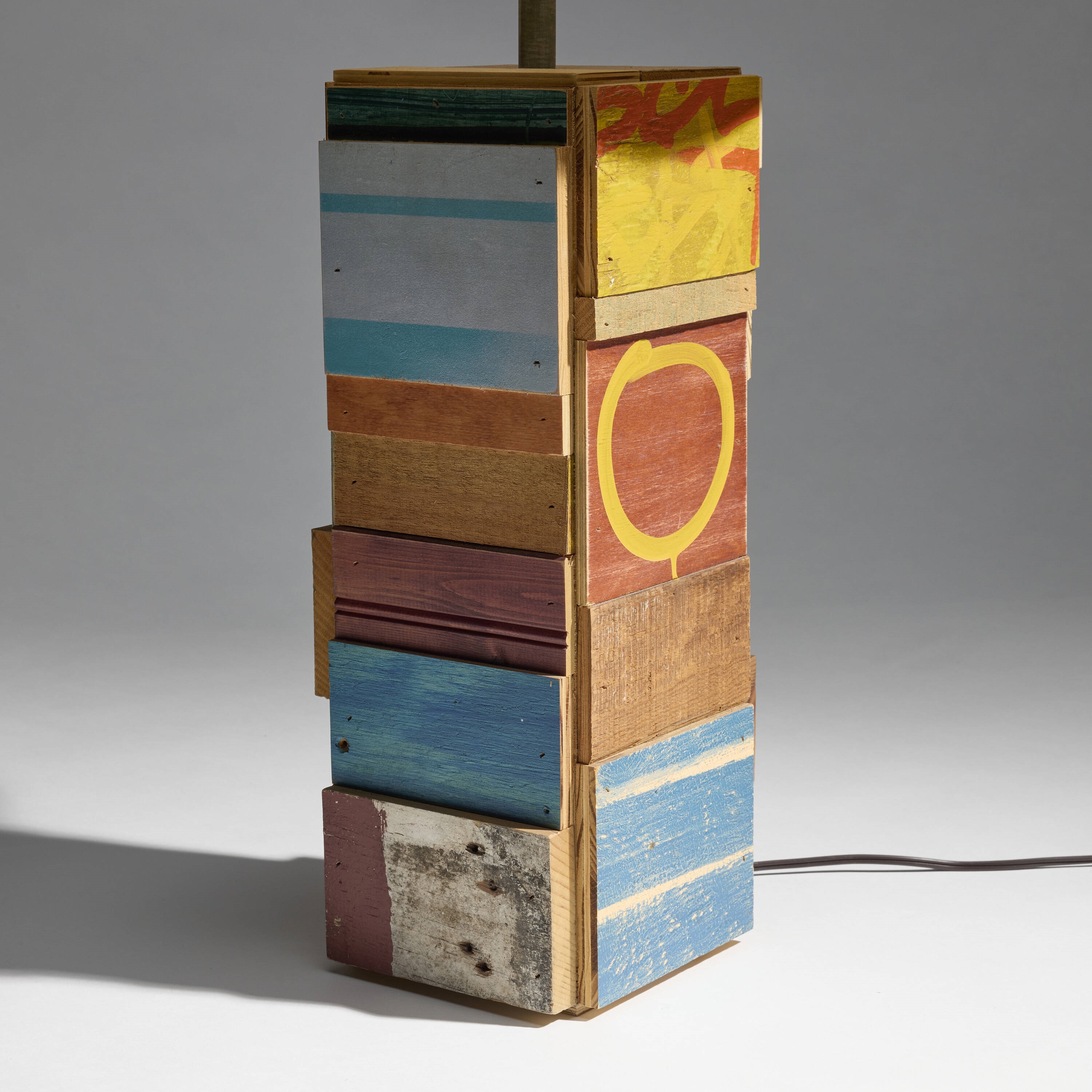 Artwork by Jason Meadows, Horizontal Striation Scrap Lamp, Made of painted wood, spray paint on linen shade
