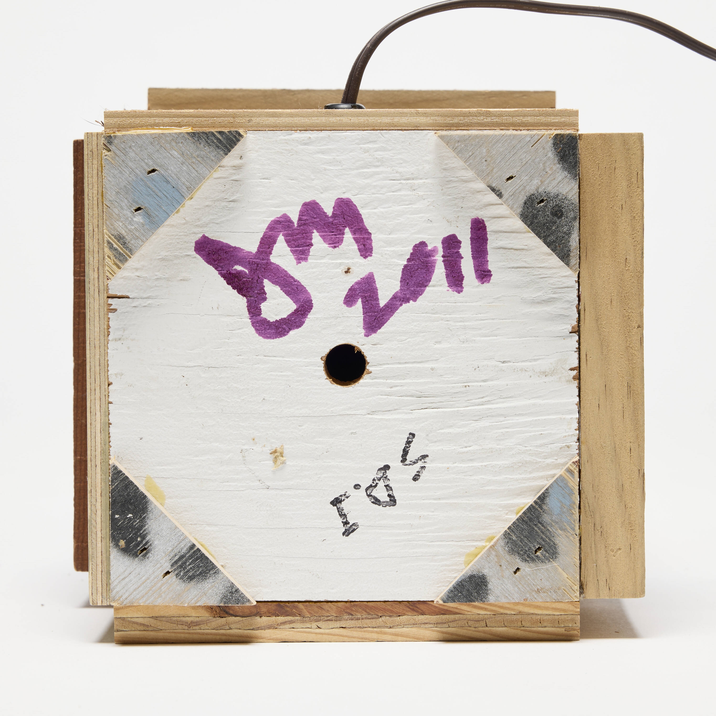 Artwork by Jason Meadows, Horizontal Striation Scrap Lamp, Made of painted wood, spray paint on linen shade