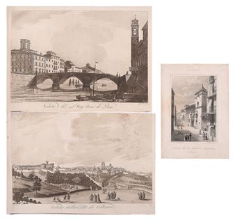 Lote compuesto por tres vistas de ciudades "Veduta della Citta di Volterra", "Vedutta de lung'Arno di Pisa" y "Calle de la Puerta Ferrisa, Barcelona - Antonio Roca Sallent