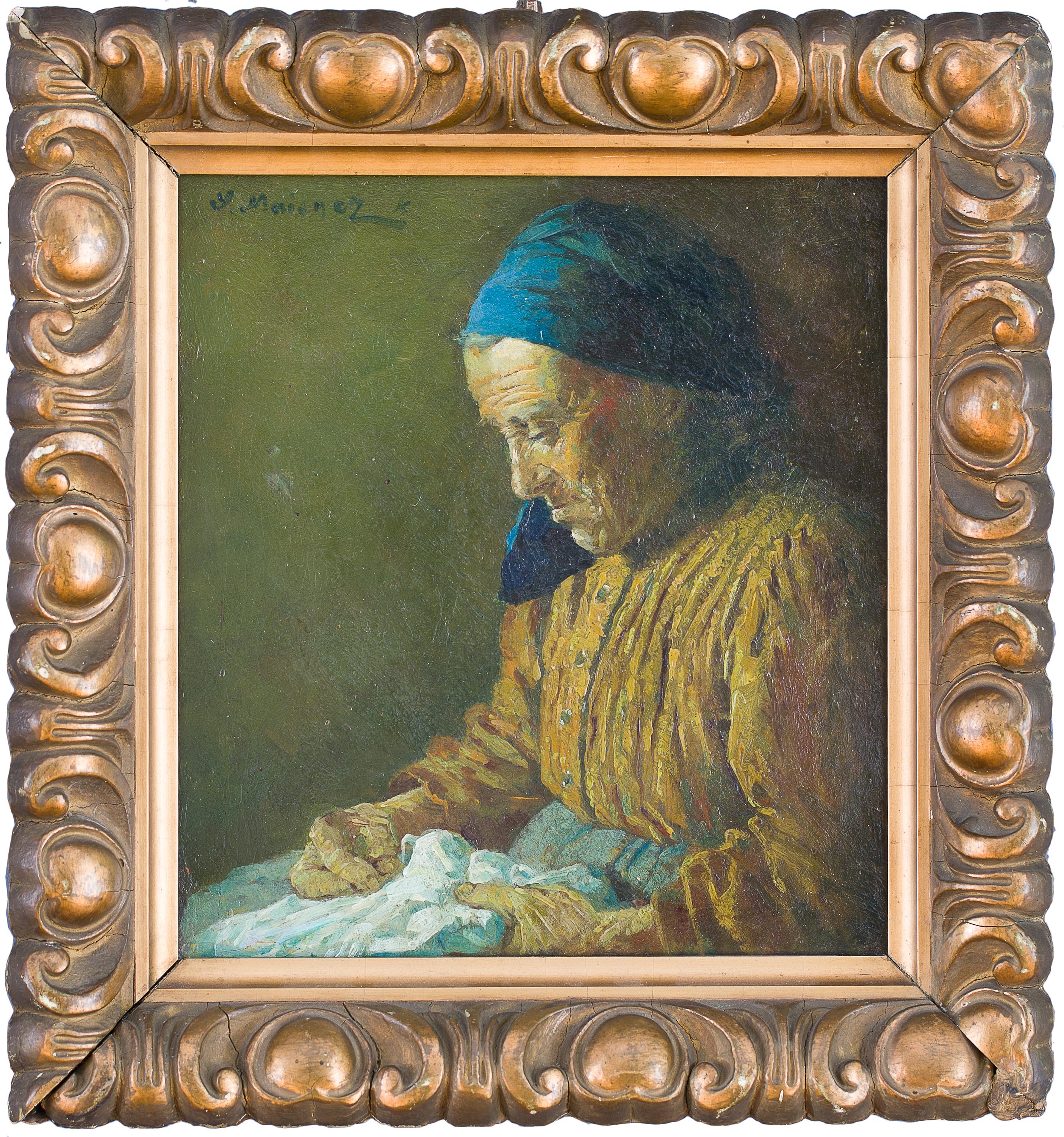 Artwork by Salomon Meisner, Staruszka z robótką, Made of oil on cardboard