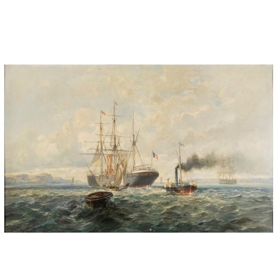 Merchant ships and steamer in maneuver with a French flag - Paul-Auguste Godfroy