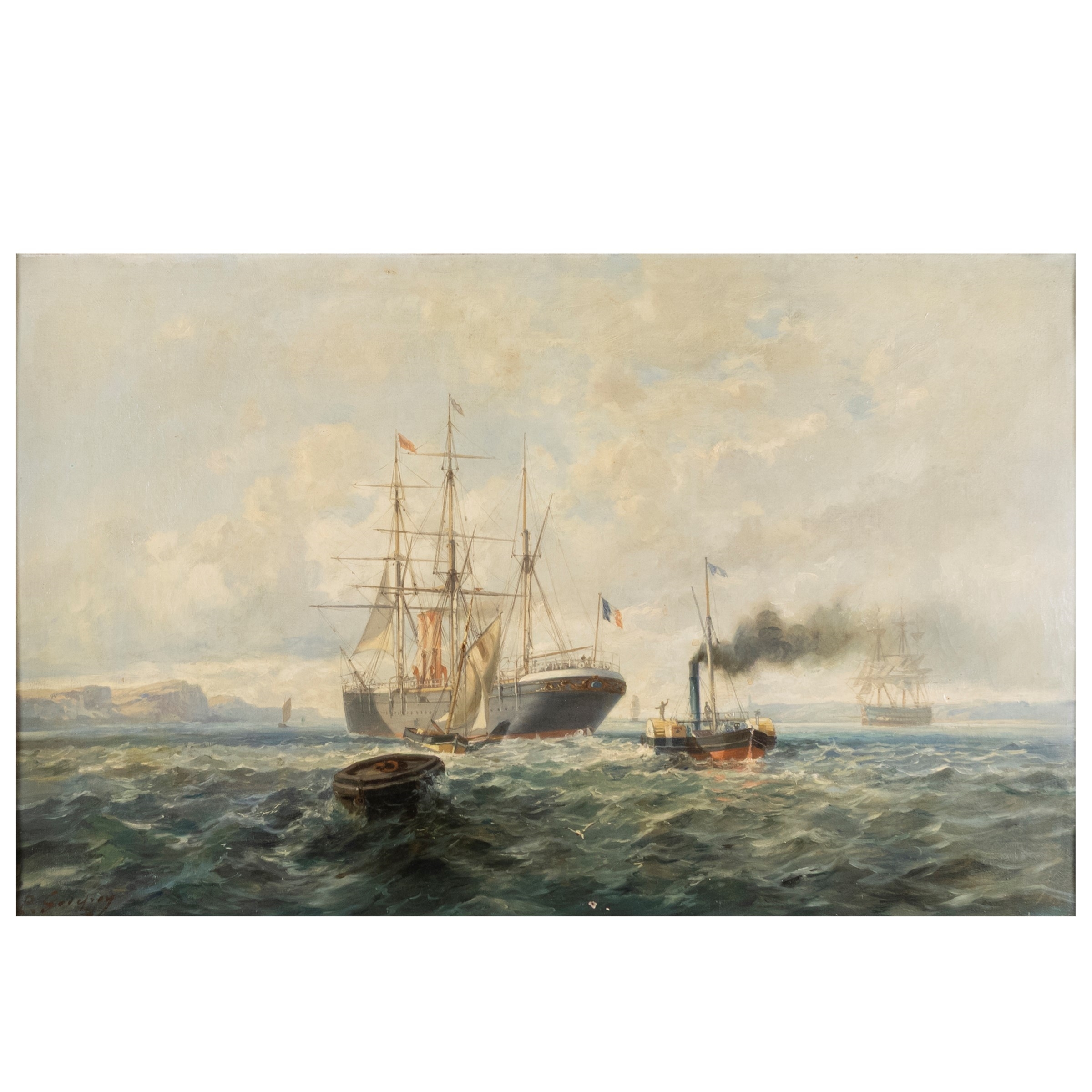 Artwork by Paul-Auguste Godfroy, Merchant ships and steamer in maneuver with a French flag, Made of oil on canvas