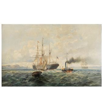 Merchant ships and steamer in maneuver with a French flag - Paul-Auguste Godfroy