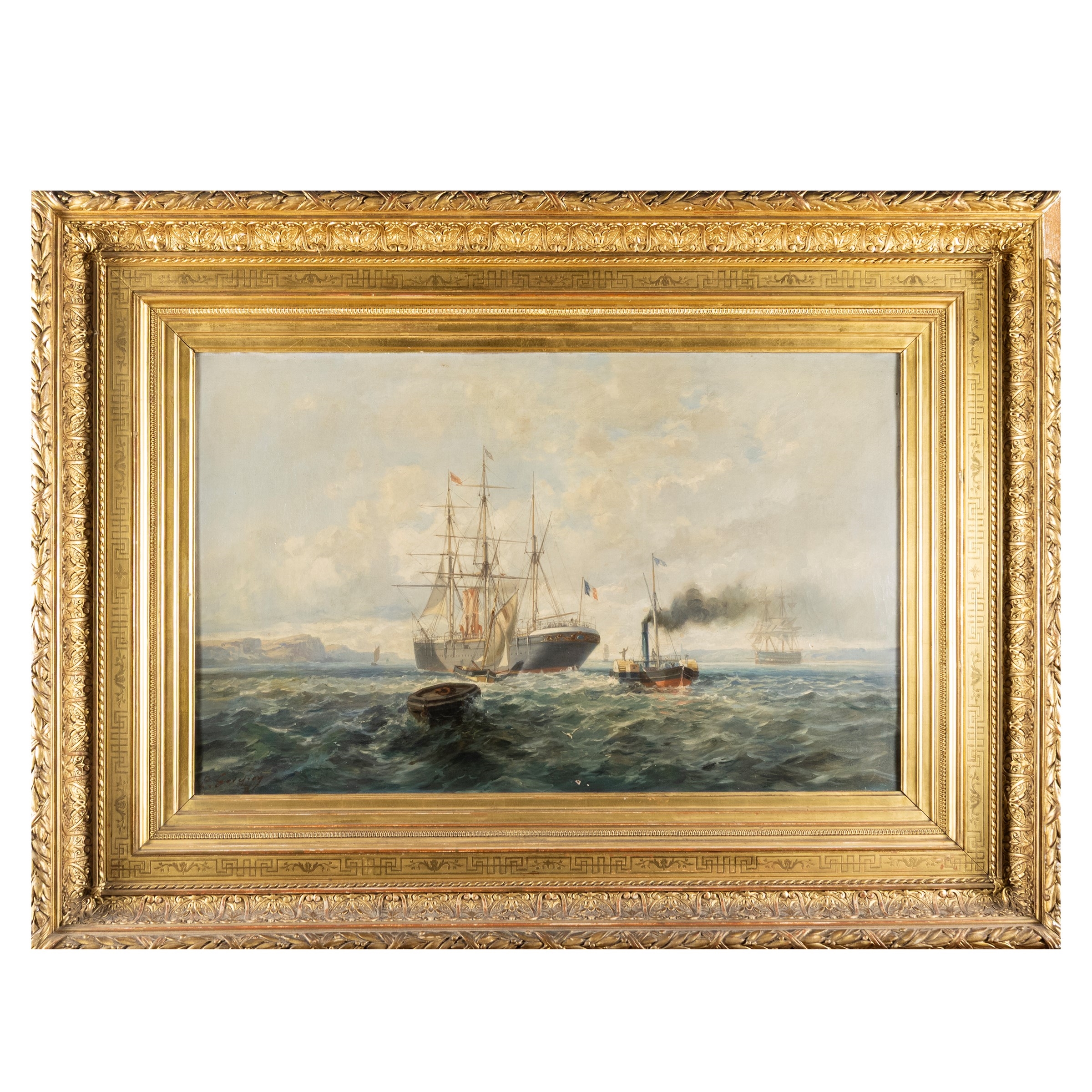 Artwork by Paul-Auguste Godfroy, Merchant ships and steamer in maneuver with a French flag, Made of oil on canvas