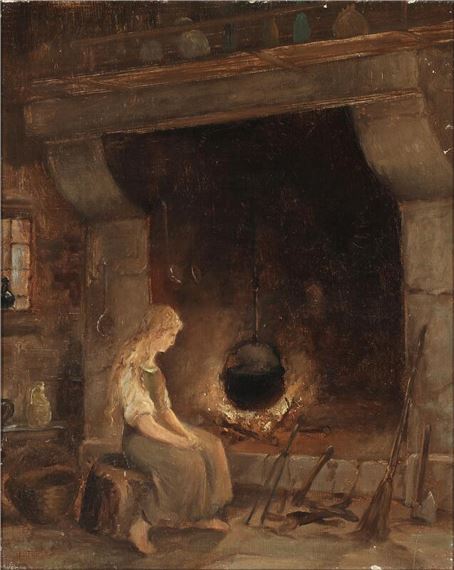 A girl watching a pot simmering over a fireplace by Niels Anker Lund