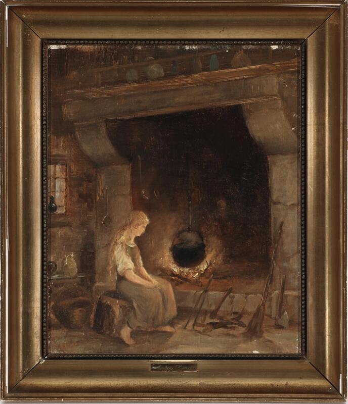 Artwork by Niels Anker Lund, A girl watching a pot simmering over a fireplace, Made of Oil on canvas