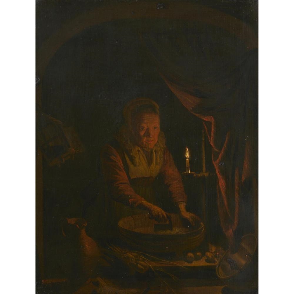 Artwork by Pieter Geerard Sjamaar, A kitchen maid working by candle light, Made of Oil on oak panel