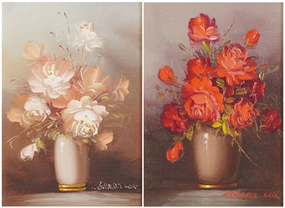 A pair of still life flowers in vases by Robert Bruce Cox, 20th century