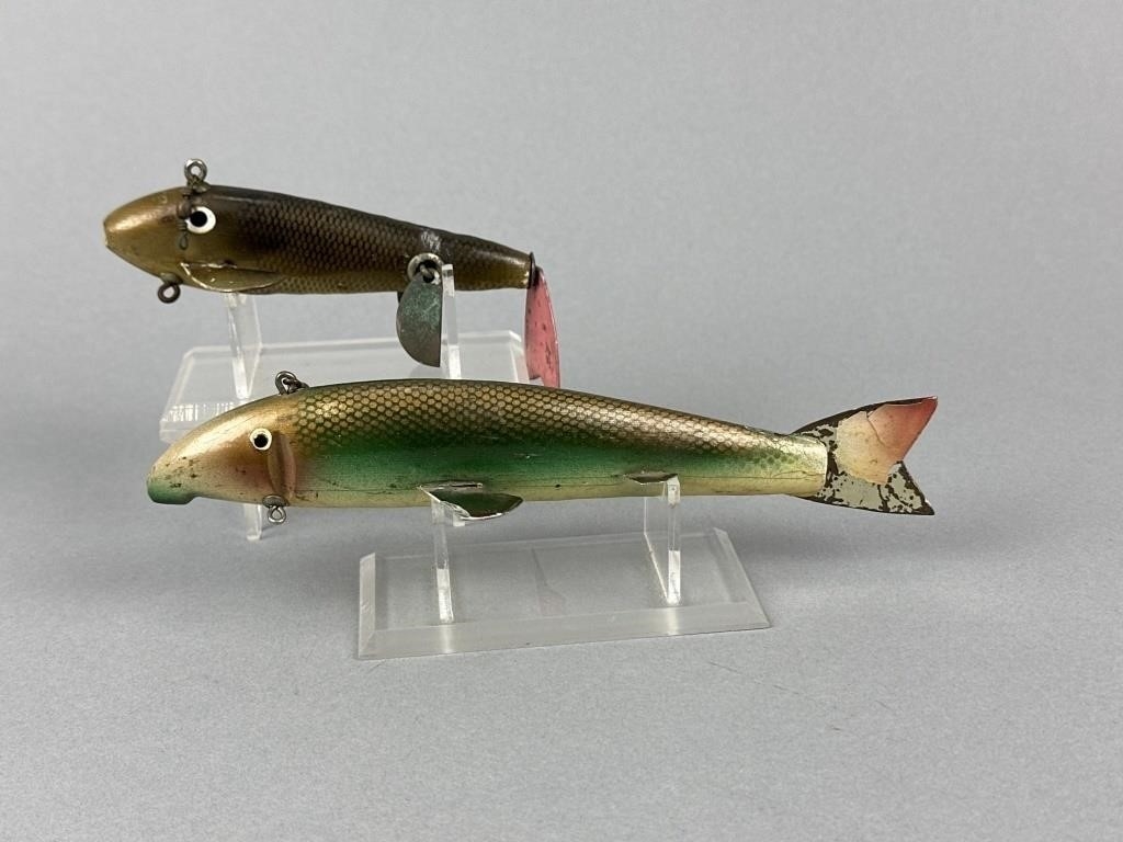 Artwork by Bud Stewart, 2 Bud Stewart Fish Spearing Decoys, Made of paint