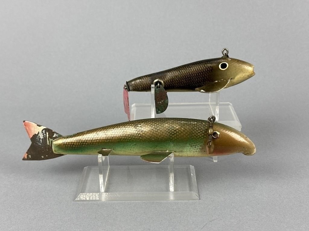 Artwork by Bud Stewart, 2 Bud Stewart Fish Spearing Decoys, Made of paint