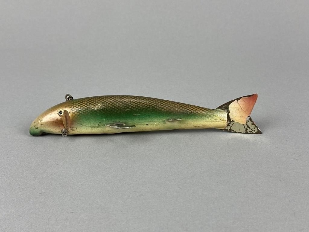 Artwork by Bud Stewart, 2 Bud Stewart Fish Spearing Decoys, Made of paint