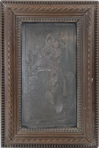 La Madone des Oliviers Plaque en cuivre gravée. Fin du XIXe siècle  (Choc en bas à gauche) Dans un joli cadre en bois naturel sculpté de frise de ruban et rang de perles. - Nicolò Barabino