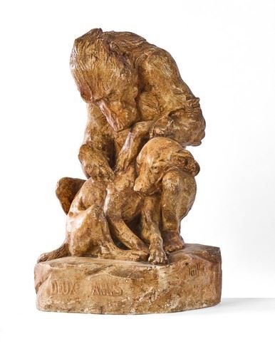 Les deux amis, 1903 SCULPTURE. Epreuve  sur socle rectangulaire signée sur le côté et titrée sur un cartouche.  ;  ; Prof.  (Petits éclats et manques de patine) Oeuvre en rapport : Nevers, Musée de la Faïence Frédéric Blandin, n° NS 23. by Charles Paillet, 1903