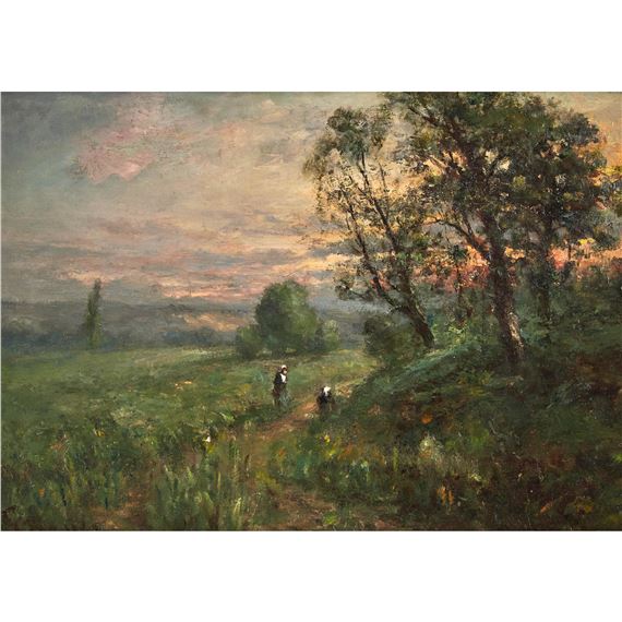LUSH LANDSCAPE WITH CHILDREN ON HILLSIDE AT SUNSET by Charles Wellington Boyle