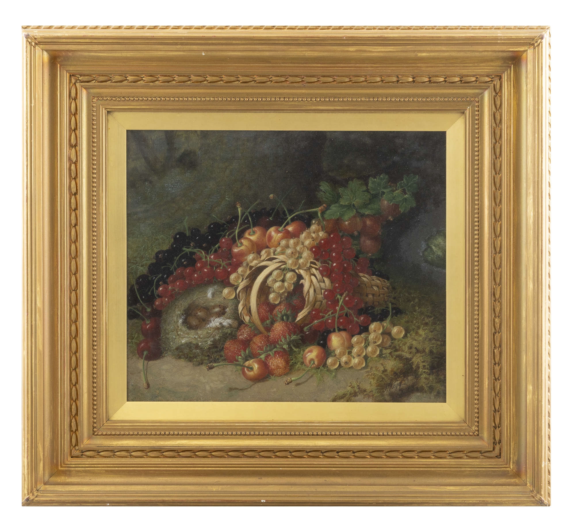Artwork by Henry Archibald Major, Still Life with a basket of spilled berries on a mossy bank and a bird's nest with eggs, Made of Oil on canvas