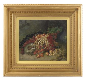 Still Life with a basket of spilled berries on a mossy bank and a bird's nest with eggs - Henry Archibald Major
