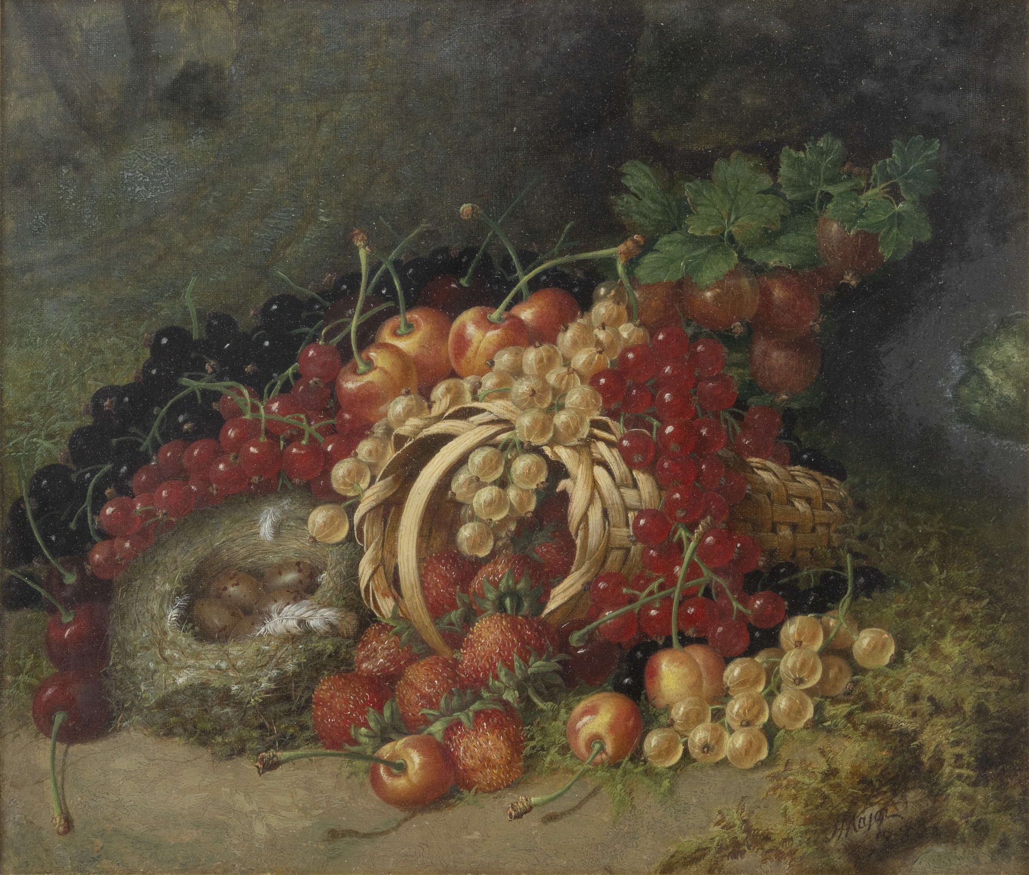Artwork by Henry Archibald Major, Still Life with a basket of spilled berries on a mossy bank and a bird's nest with eggs, Made of Oil on canvas