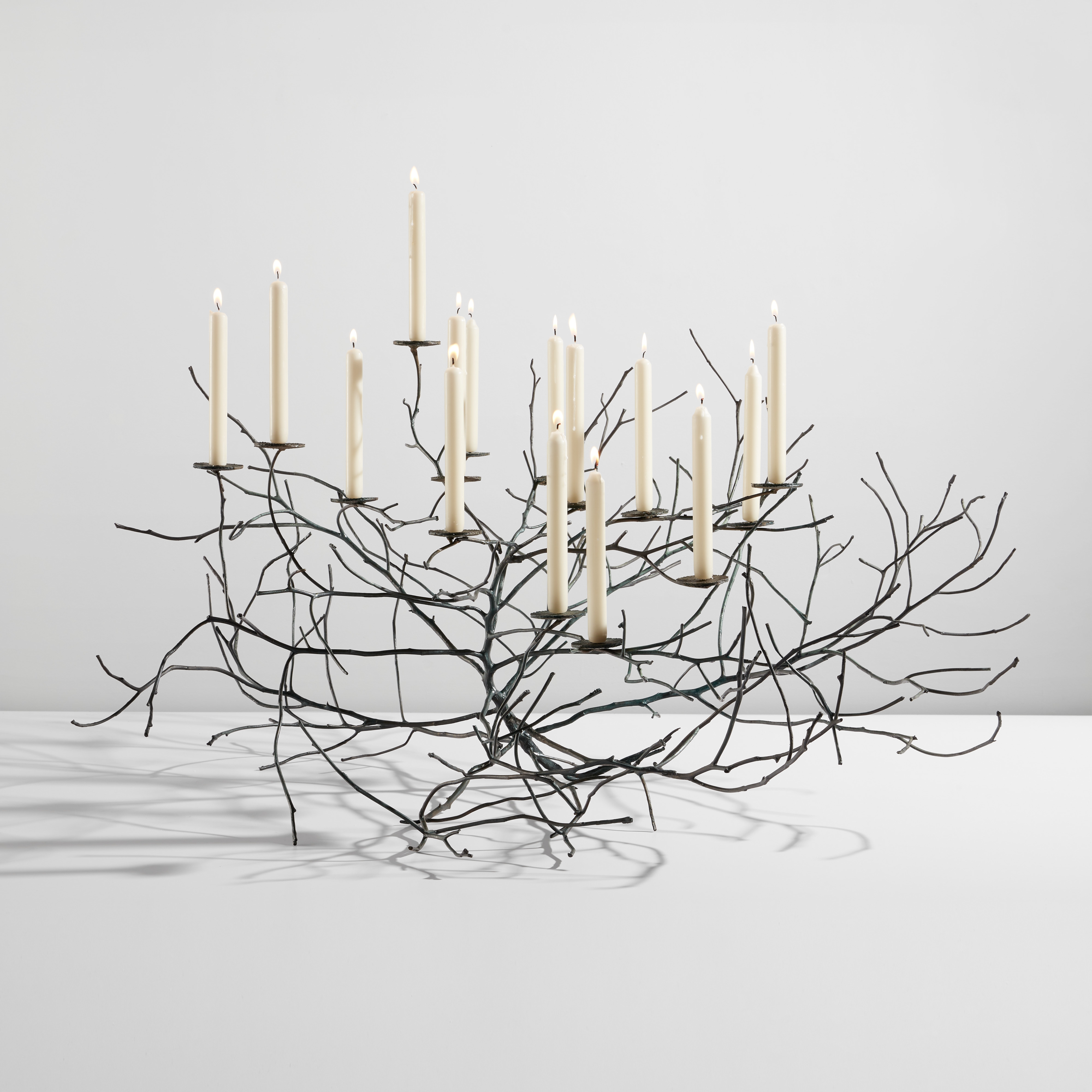 Artwork by Michele Oka Doner, Unique "Burning Bush" candelabrum with snuffer, Made of Patinated bronze