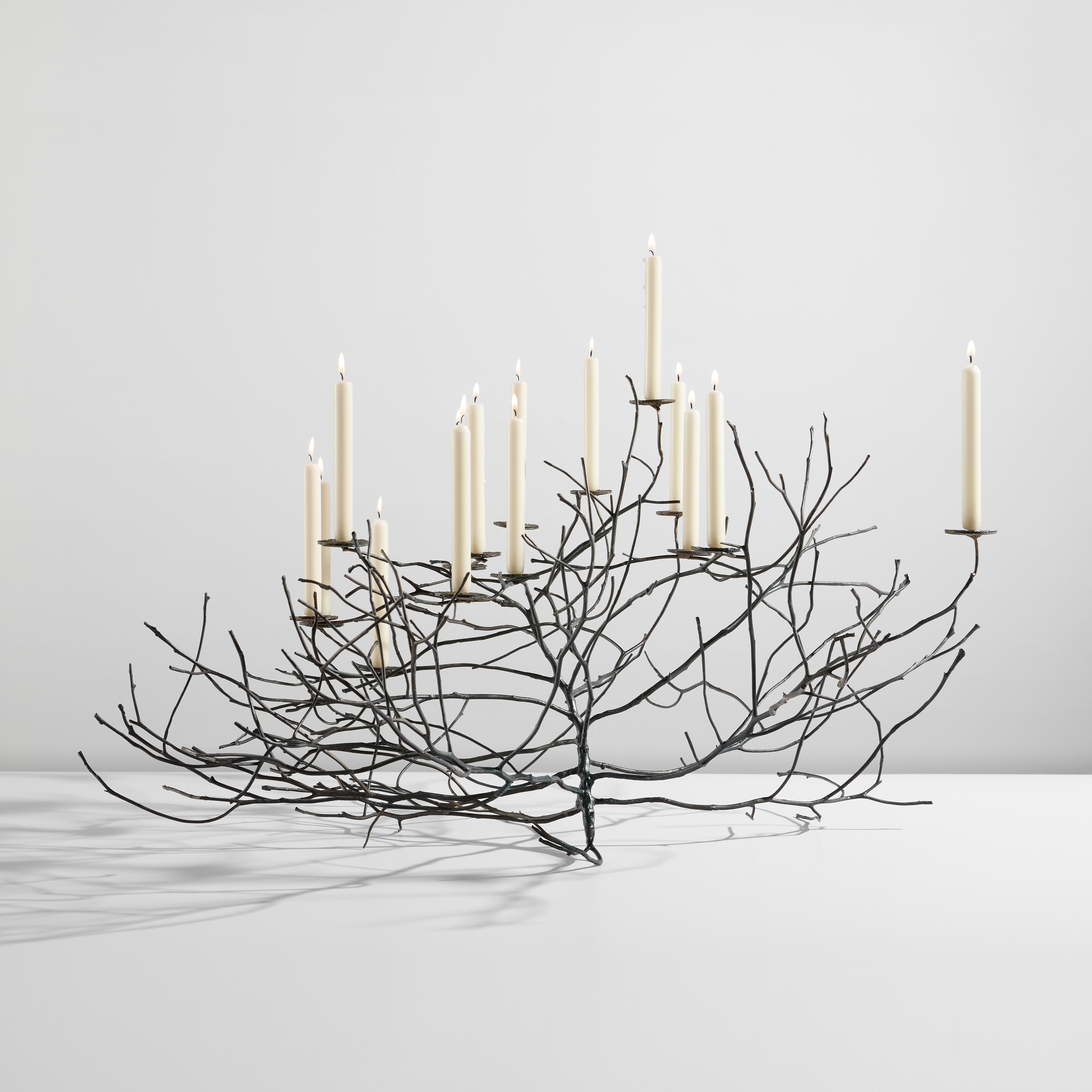 Artwork by Michele Oka Doner, Unique "Burning Bush" candelabrum with snuffer, Made of Patinated bronze