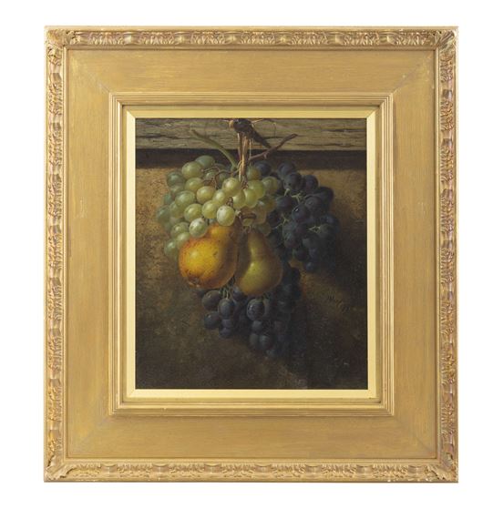 Still life with hanging fruit, grapes and pears by Henry Archibald Major, 1888