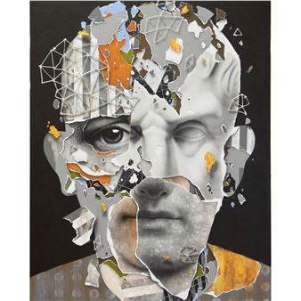 A fragmented portrait where a classical bust face is layered over a modern, torn photographic head against a dark background.