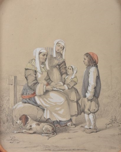 Artwork by Alfred André Géniole, Alfred-André GÉNIOLE (Nancy 1813 - Bicêtre 1861). Les femmes et le garçonnet, Made of pencil drawing, watercolor