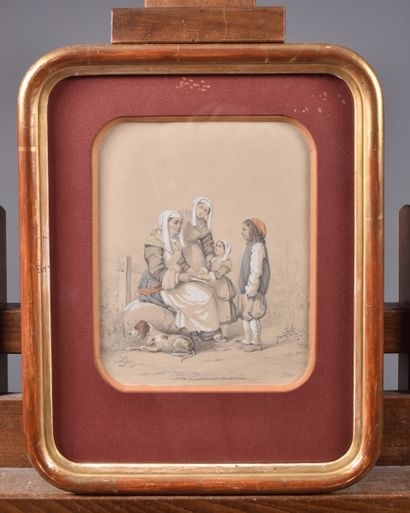 Artwork by Alfred André Géniole, Alfred-André GÉNIOLE (Nancy 1813 - Bicêtre 1861). Les femmes et le garçonnet, Made of pencil drawing, watercolor