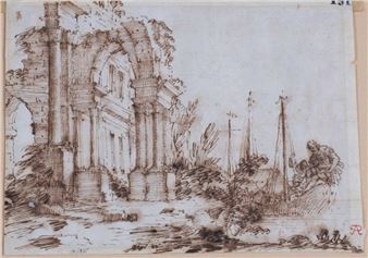 Architectural study with a man and a child on a sailing boat - Antonio Joli de Dipi