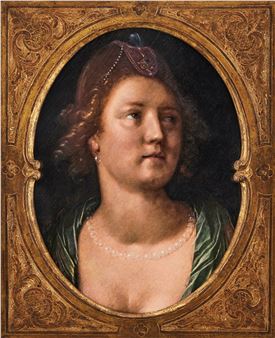 Attributed to. Head of a woman looking up wearing a pearl necklace and hair jewelry - Cornelis Cornelisz. van Haarlem