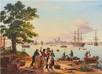 Sailors and merchants gathered on the south banks of the River Thames with a view of a Swedish frigate and the centre of London with St Paul’s Cathedral beyond - Carl Balsgaard