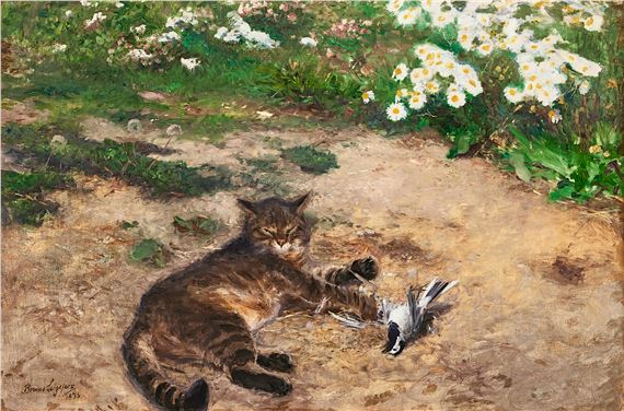 Katt och sädesärla by Bruno Liljefors, 1893