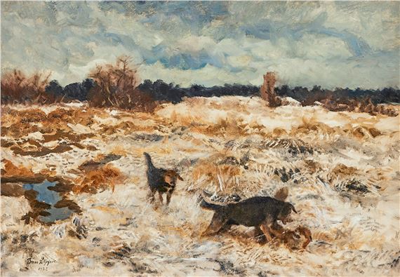 Jakthundar och räv i landskap by Bruno Liljefors, 1923