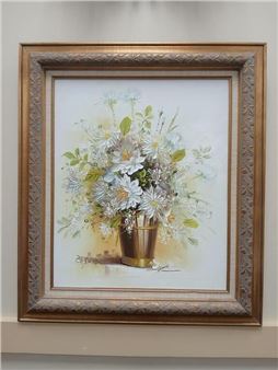 Floral still-life oil on canvas by B. Ferber. Gold gilded frame measures 27.25"W x 31.25"H. - B Ferber