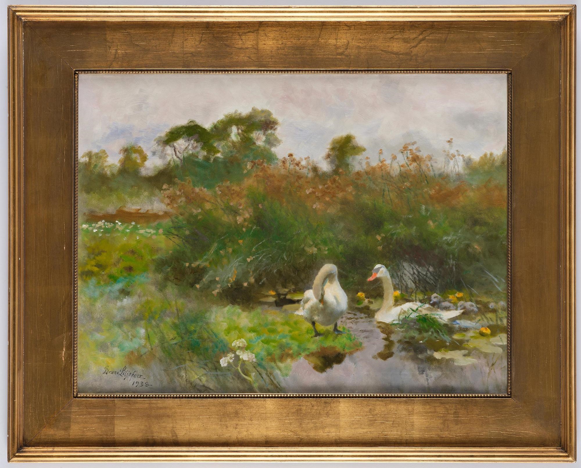 Artwork by Bruno Liljefors, Two swans with cygnets, Made of Oil on canvas