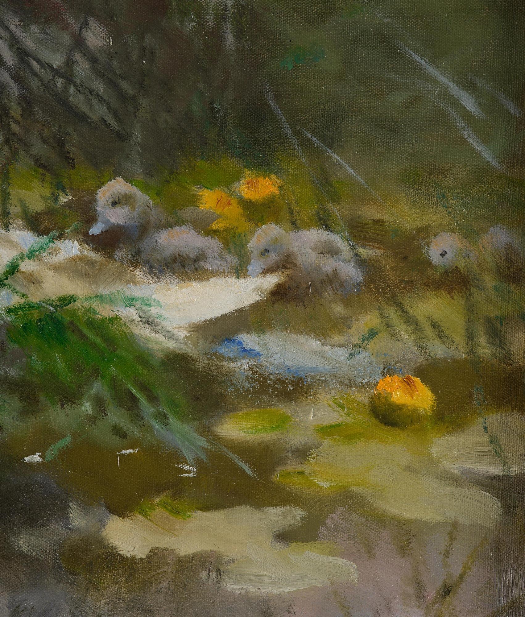 Artwork by Bruno Liljefors, Two swans with cygnets, Made of Oil on canvas